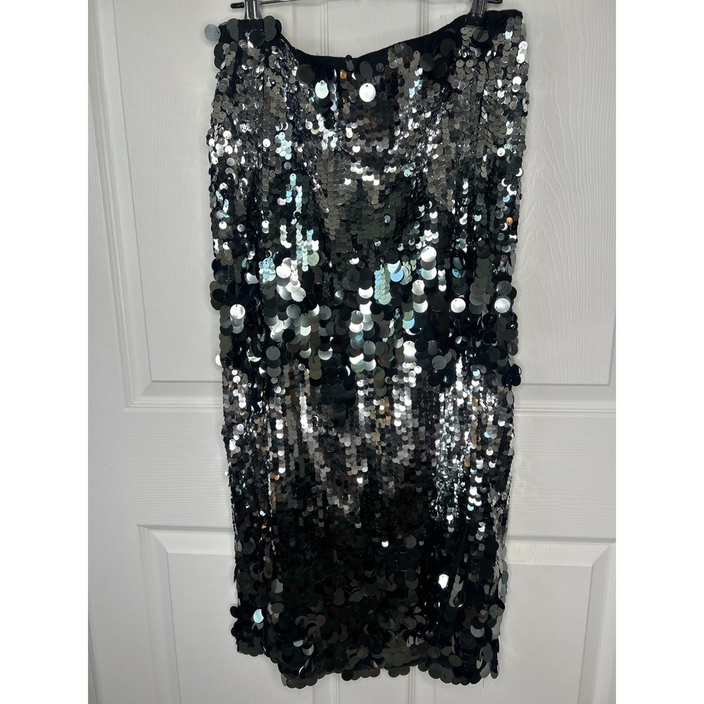 Zara Silver Black Large Paillette Sequin Pencil Midi Skirt Party Glam Size XL